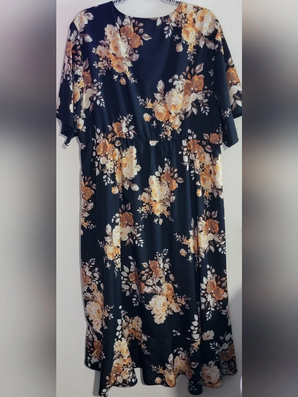 Floral Faux Wrap High Low Dress in Black and Mustard - Picture 8 of 10